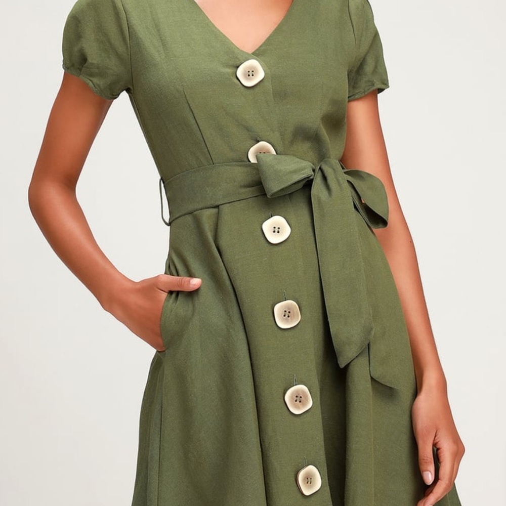 Lulus Olive Green Button-Front Skater Dress Medium
